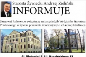 Informacja o nowej lolalizacji Wydziałów Starostwa Powiatowego w Żywcu - zdjęcie1